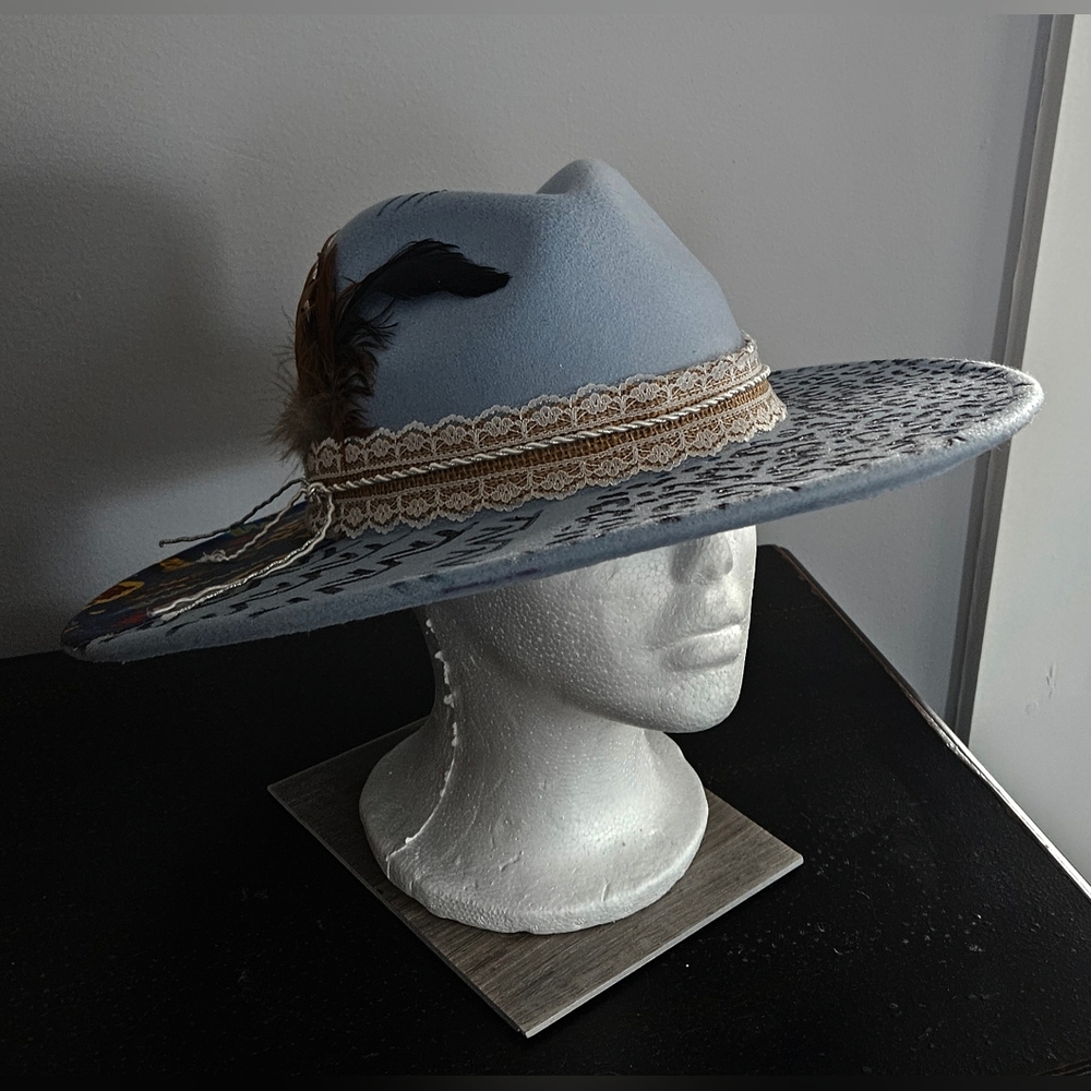 Super Heroes Custom wide brim felt hat OS burned and painted